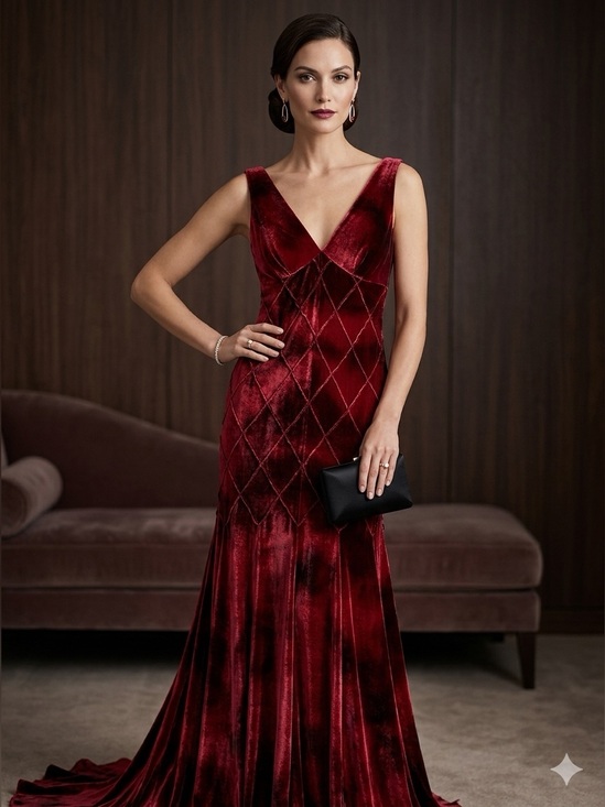 St. John Dresses & Skirts - VTG St. John Evening Ruby Red Devoré Velvet Argyle Bias Cut Maxi Gown Dress Sz 6